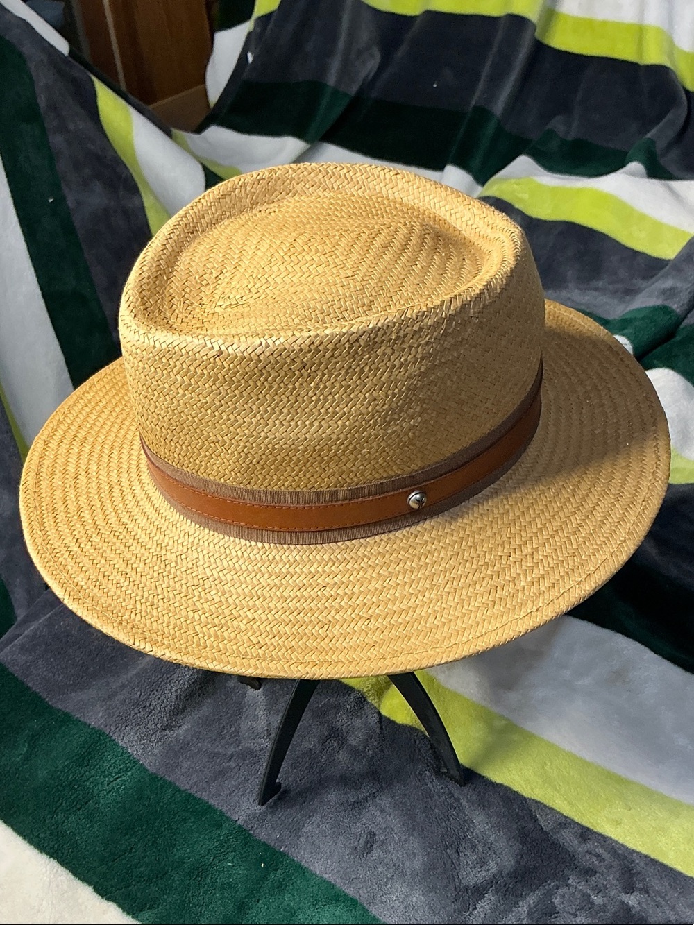 Frye Natural Straw Fedora with Brown Leather Band